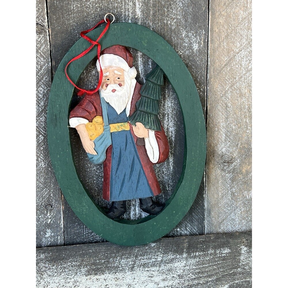 Vintage Hand Painted Wood Santa Hanging - Carving Christmas Decoration